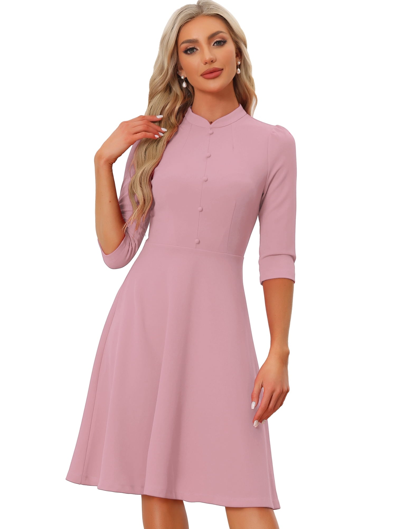 Unique Bargains Women's Sheath 3/4 Sleeves Stand Collar A-Line Dress M Black