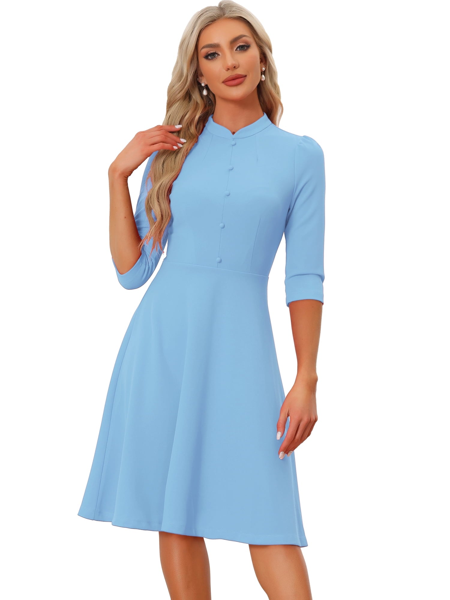 Unique Bargains Women's Sheath 3/4 Sleeves Stand Collar A-Line Dress M Black