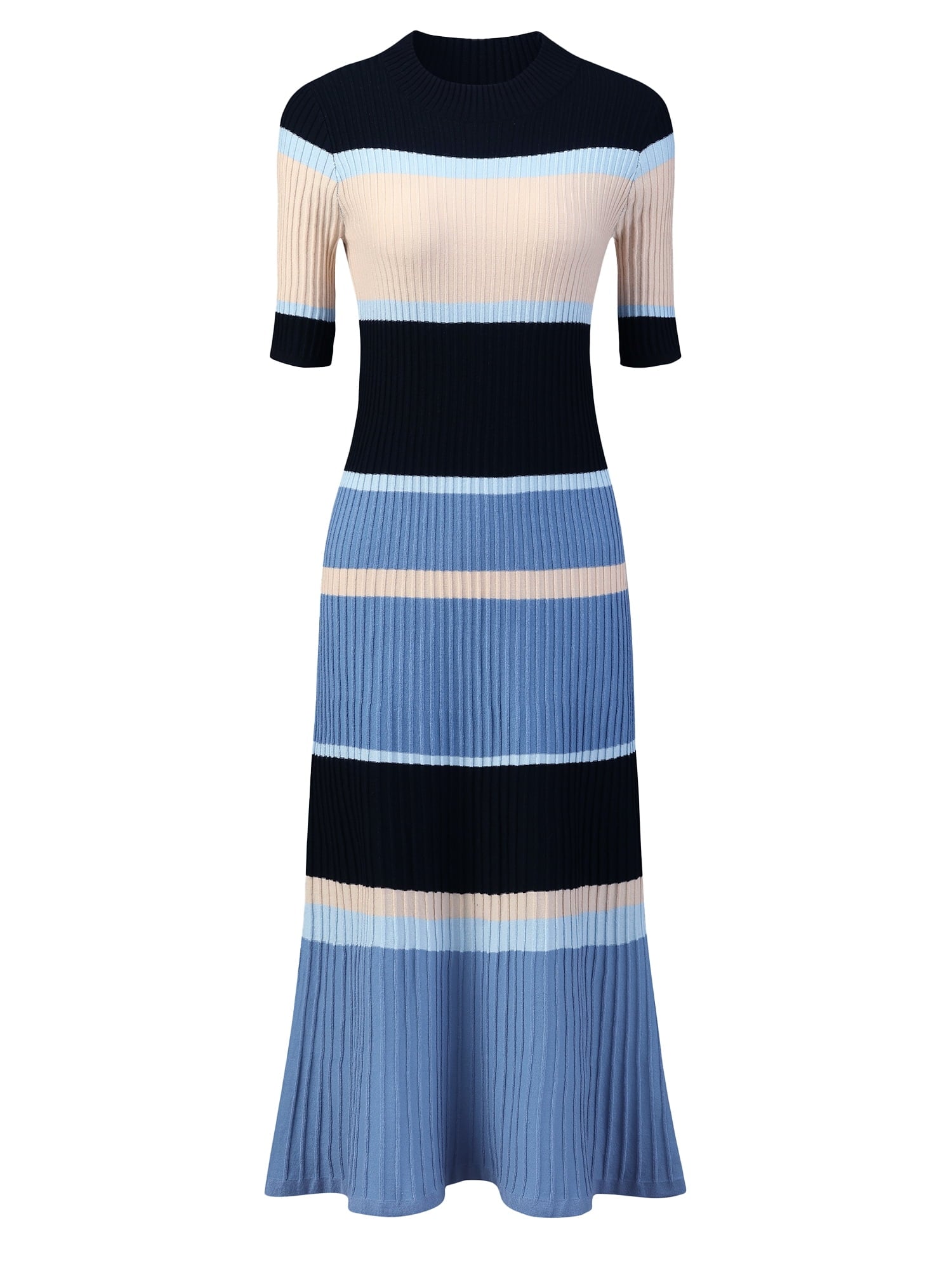 Unique Bargains Women's Striped Short Sleeve A-Line Midi Dresses L Orange