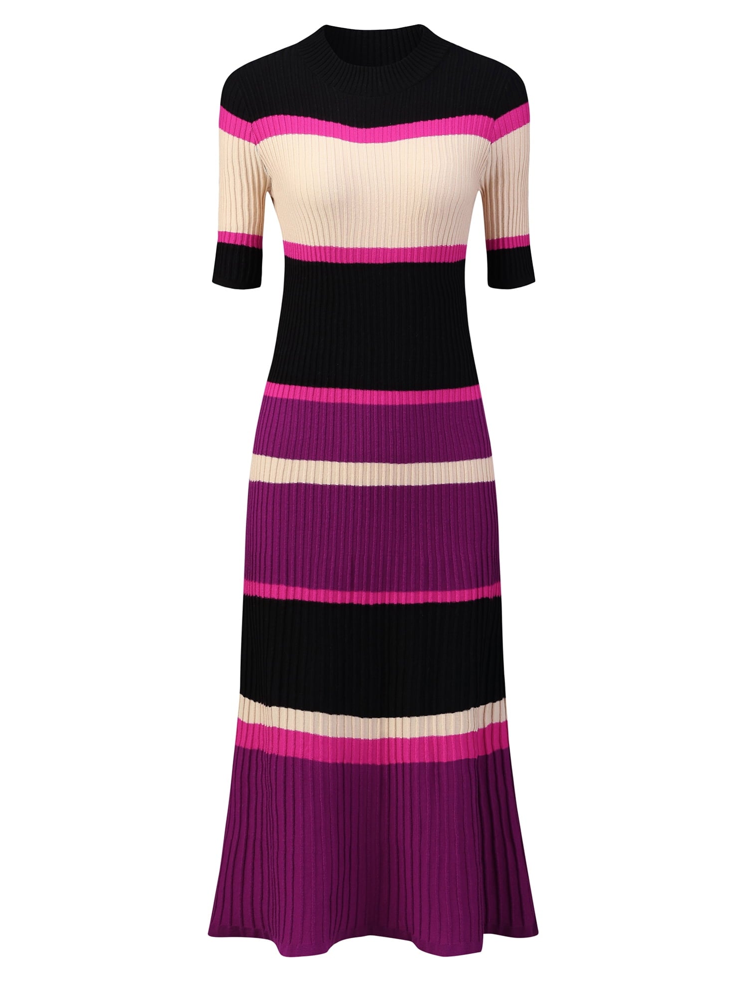 Unique Bargains Women's Striped Short Sleeve A-Line Midi Dresses L Orange