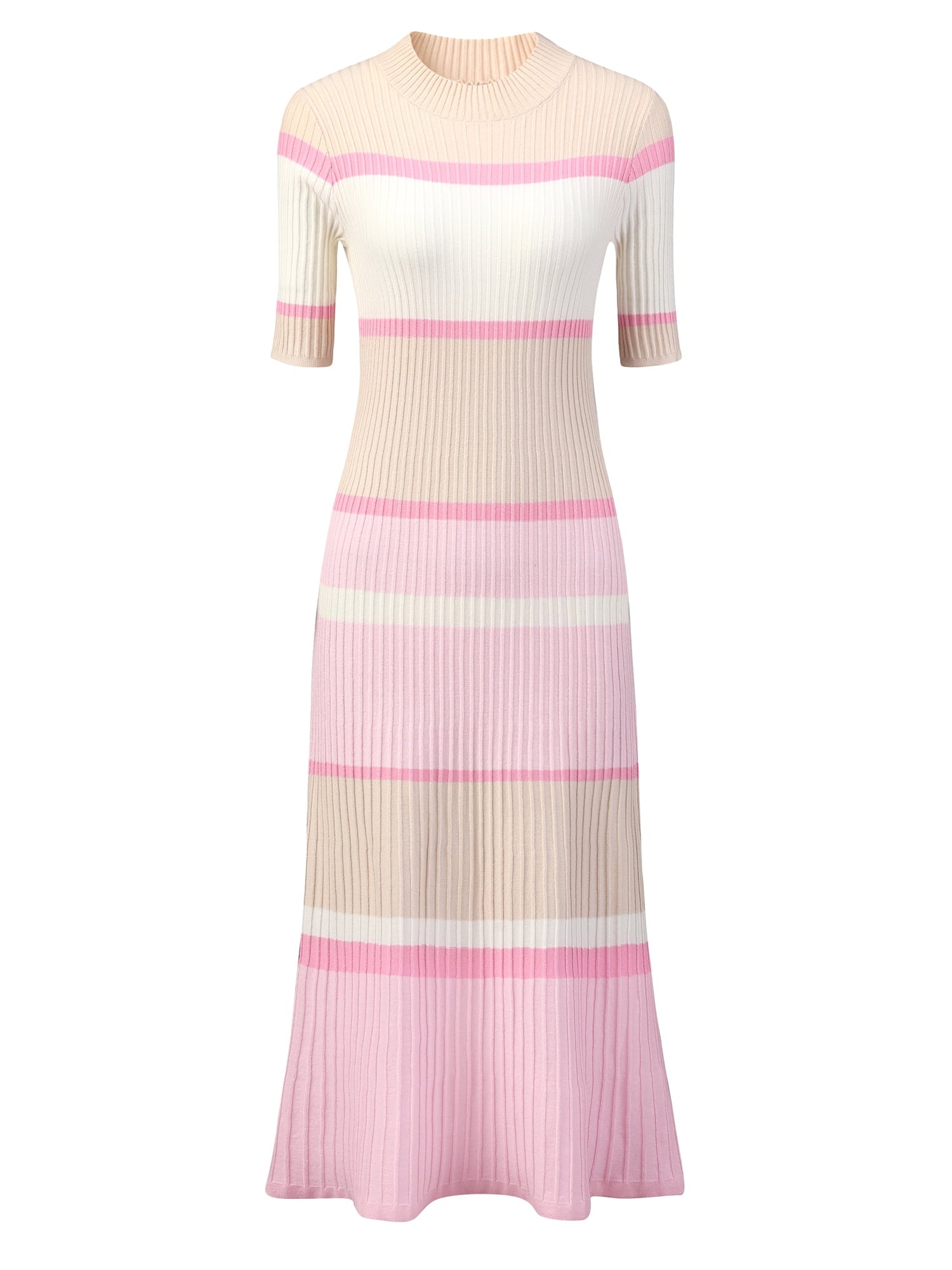 Unique Bargains Women's Striped Short Sleeve A-Line Midi Dresses L Orange