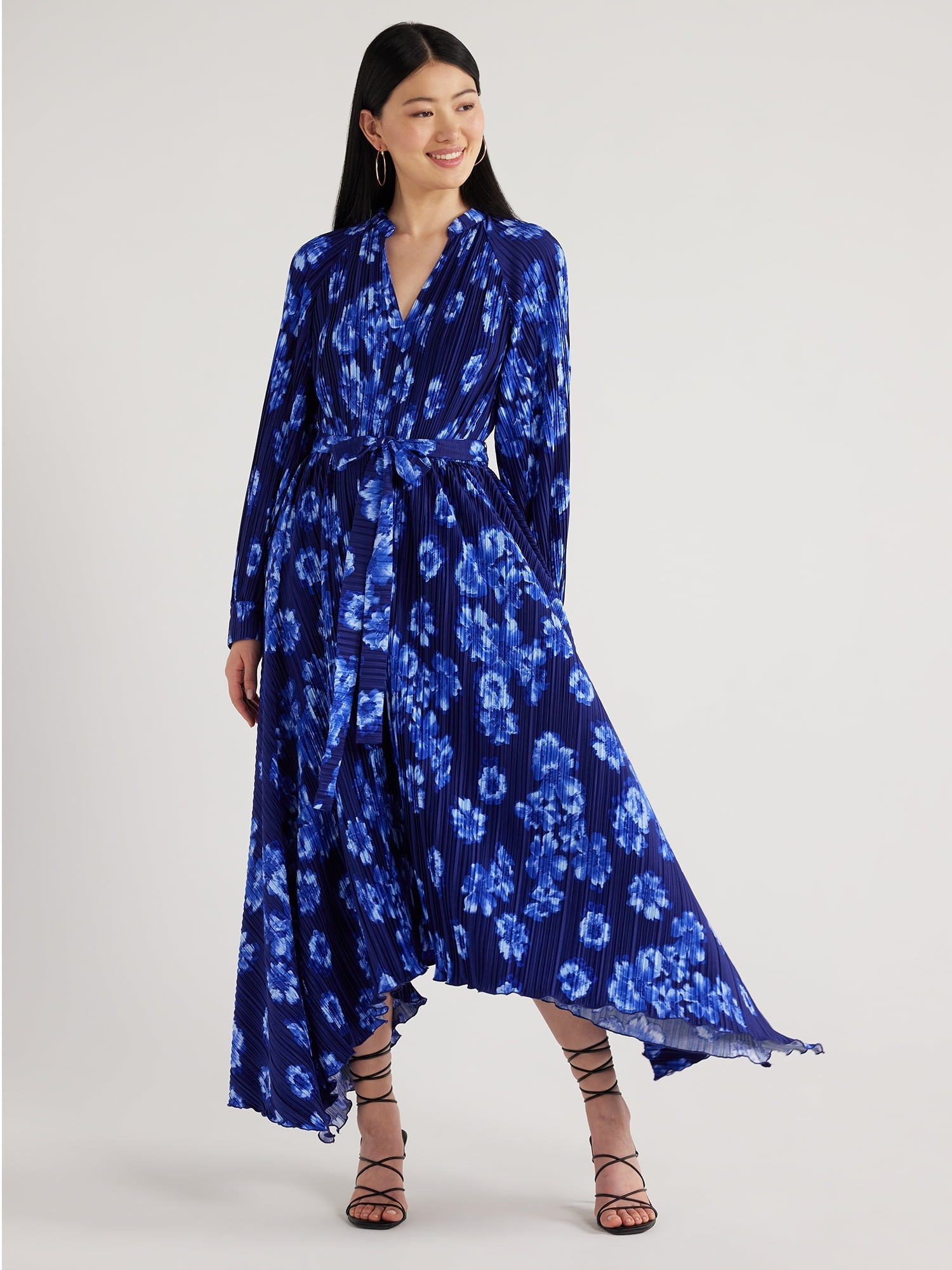 Scoop Women’s Pleated Handkerchief Hem Dress with Long Sleeves, Sizes XS-XXL