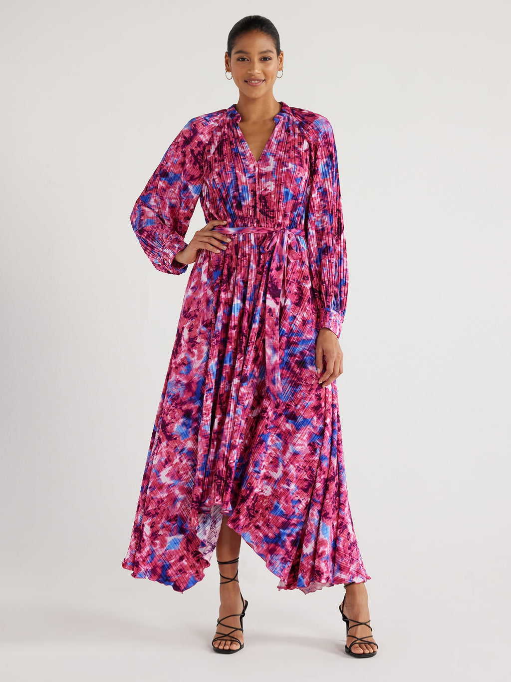 Scoop Women’s Pleated Handkerchief Hem Dress with Long Sleeves, Sizes XS-XXL