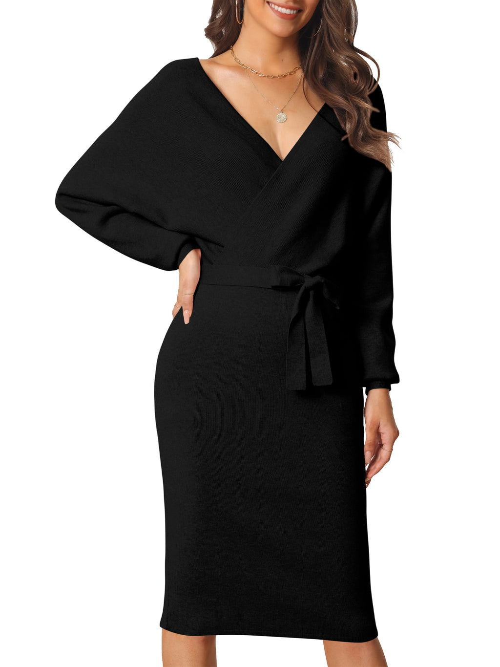 Unique Bargains Women's Deep V Neck Wrap Lantern Sleeve Belted Mini Sweater Dress M Black