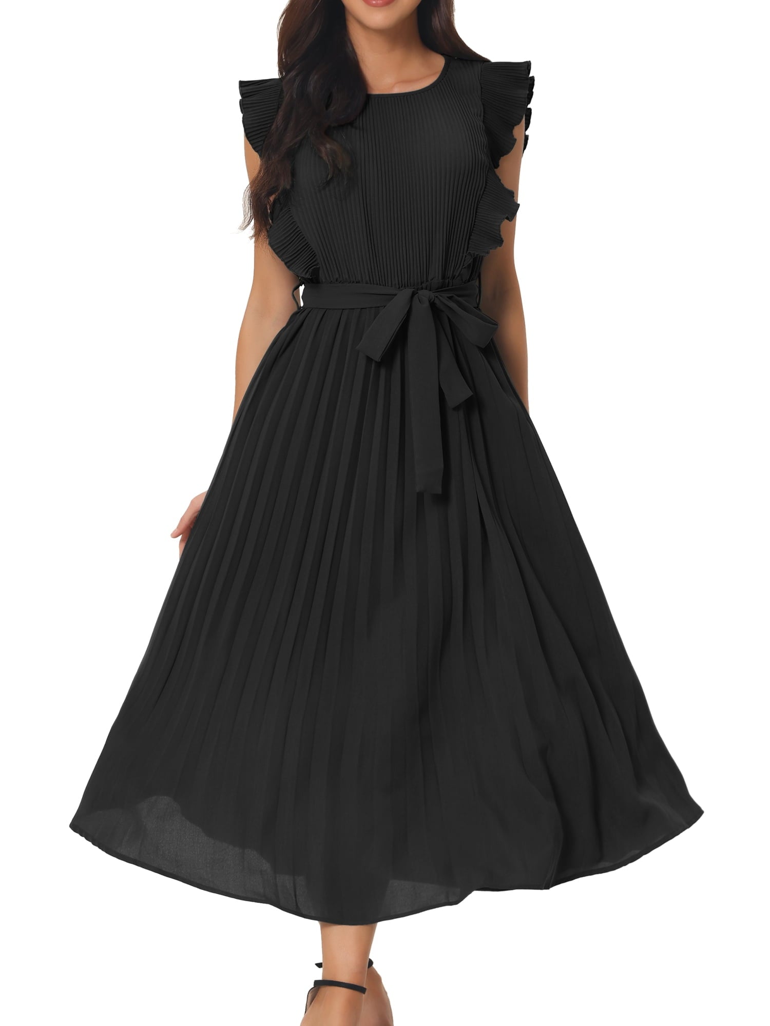 Unique Bargains Women's Ruffle Sleeveless Midi Dress with Tie Waist Belt XL Green