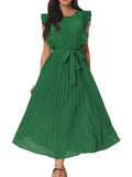 Unique Bargains Women's Ruffle Sleeveless Midi Dress with Tie Waist Belt XL Green