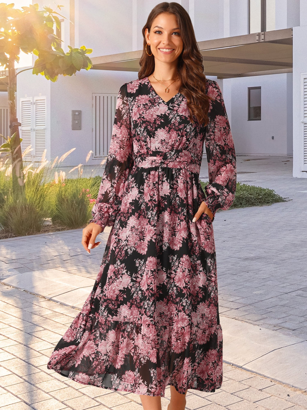 DARING DIVA Long Sleeve Floral V Neck Boho Chiffon Midi Dress S Black