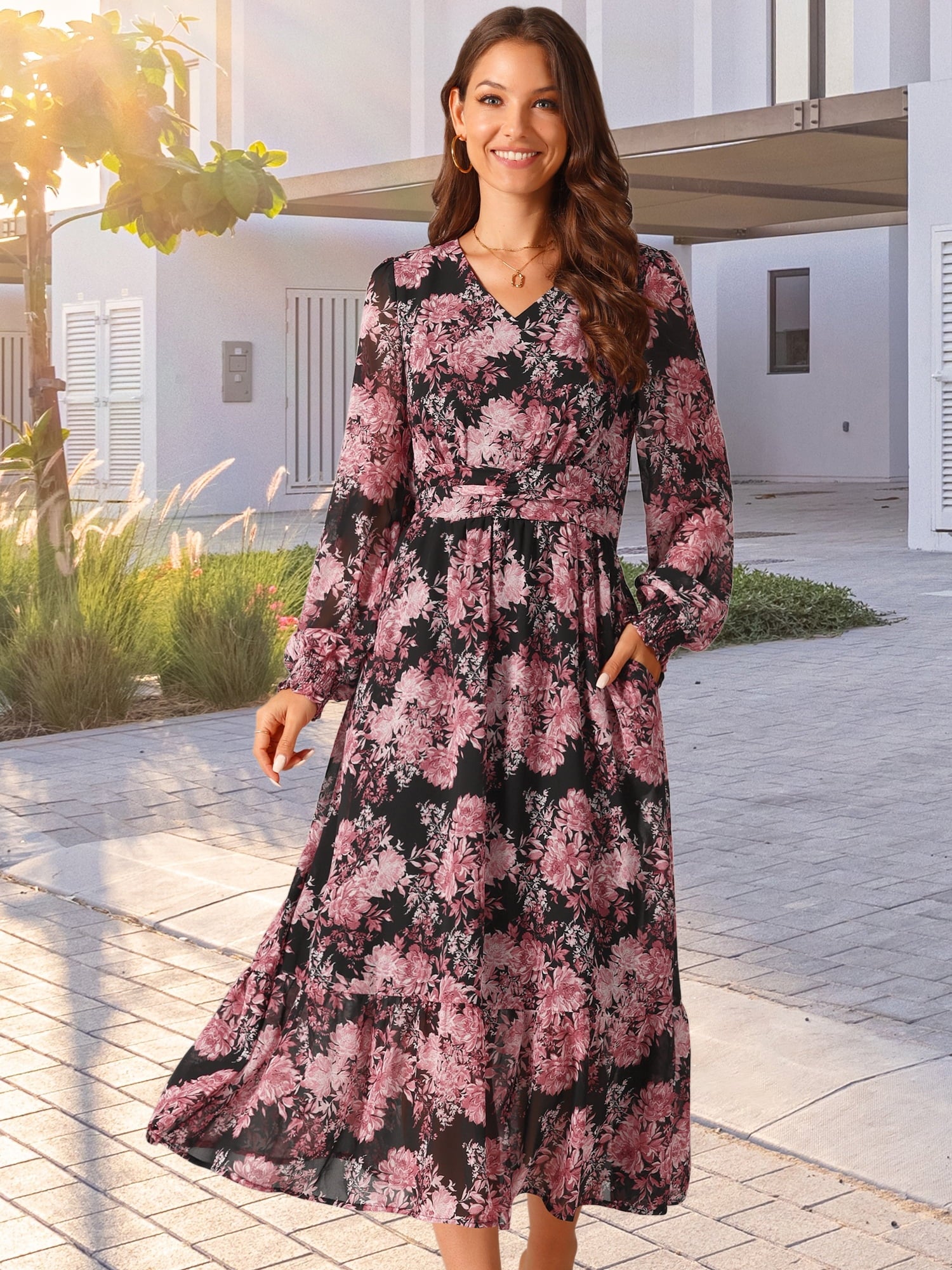 DARING DIVA Long Sleeve Floral V Neck Boho Chiffon Midi Dress S Black