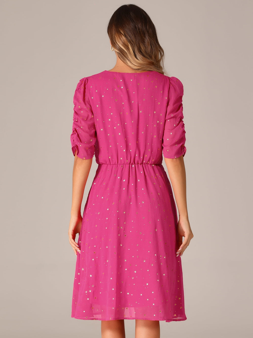 DARING DIVA Metallic Stars A-line Chiffon Dress L Hot Pink