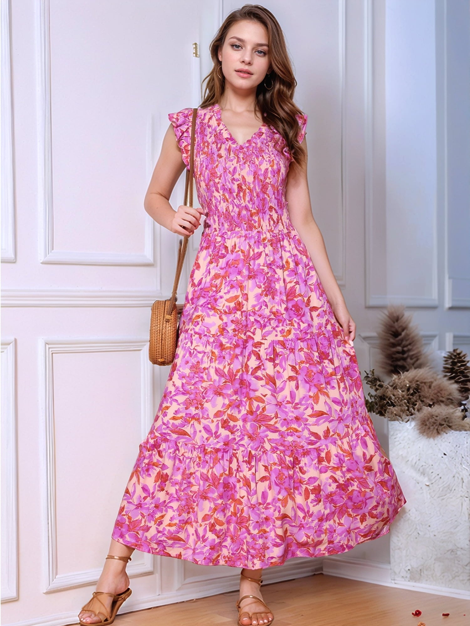 DARING DIVA V Neck Smocked Ruffle Tiered Maxi Dress S Hot Pink