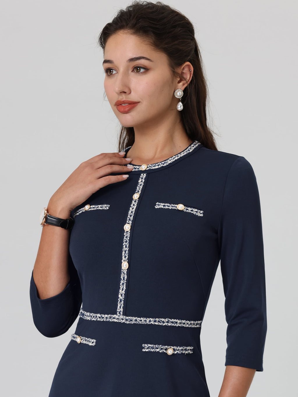 DARING DIVA A-Line Contrast Color Tweed Trim Dress XL Navy Blue