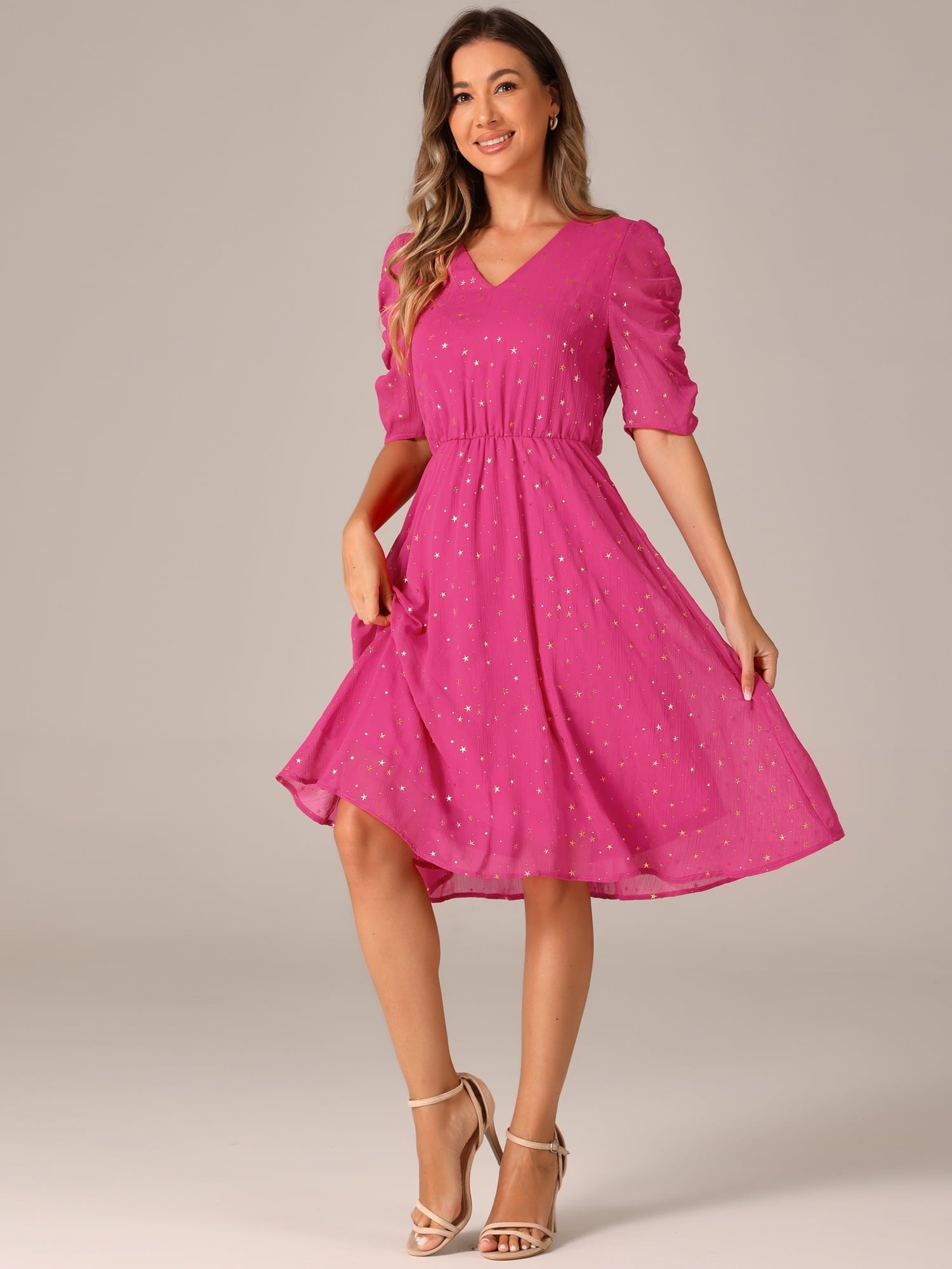 DARING DIVA Metallic Stars A-line Chiffon Dress L Hot Pink