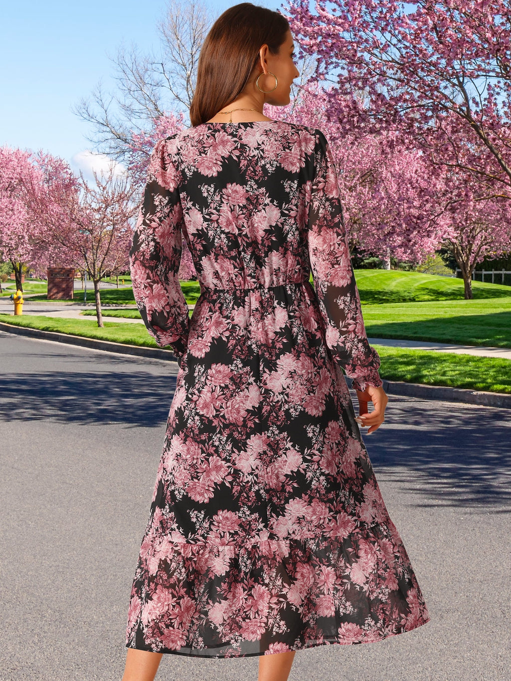 DARING DIVA Long Sleeve Floral V Neck Boho Chiffon Midi Dress S Black