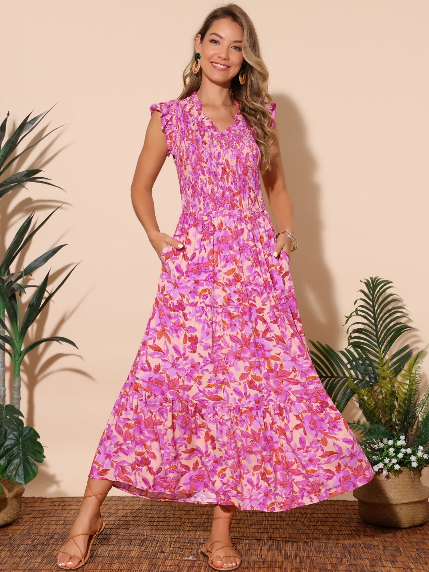 DARING DIVA V Neck Smocked Ruffle Tiered Maxi Dress S Hot Pink