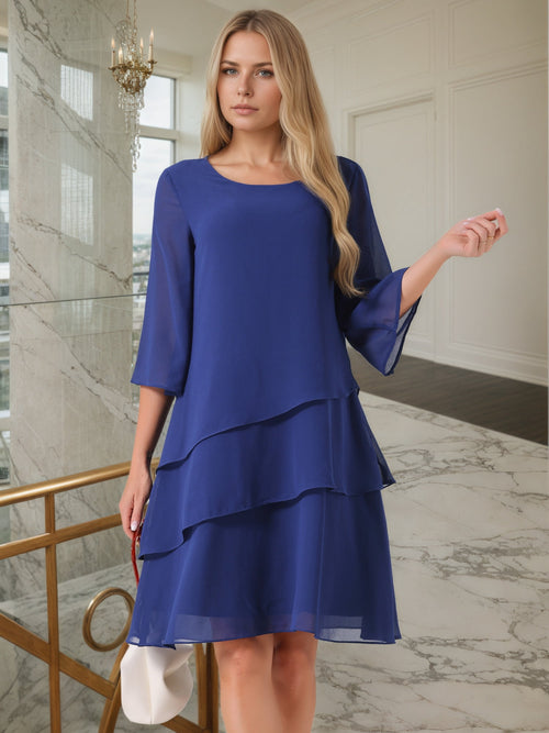 DARING DIVA Chiffon 3/4 Sleeve Tiered Layered Flowy Dress S Dark Blue