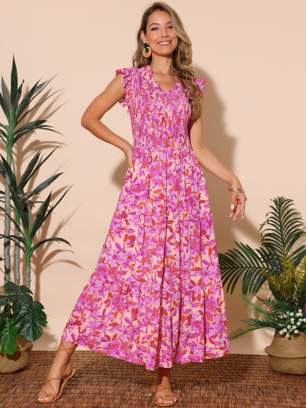 DARING DIVA V Neck Smocked Ruffle Tiered Maxi Dress S Hot Pink