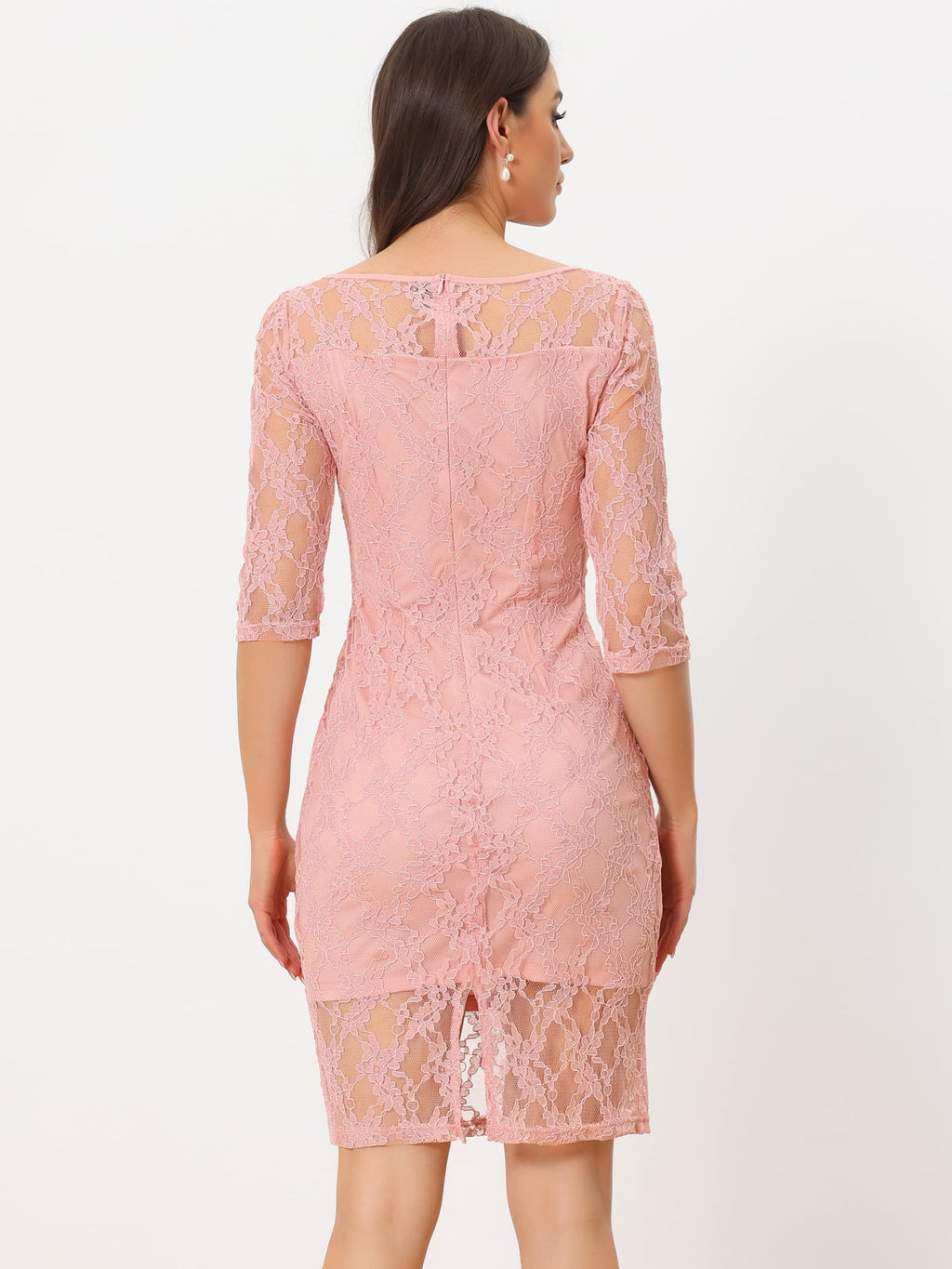DARING DIVA Lace 3/4 Sleeve Dress Square Neck Midi Straight Tired XS Pink