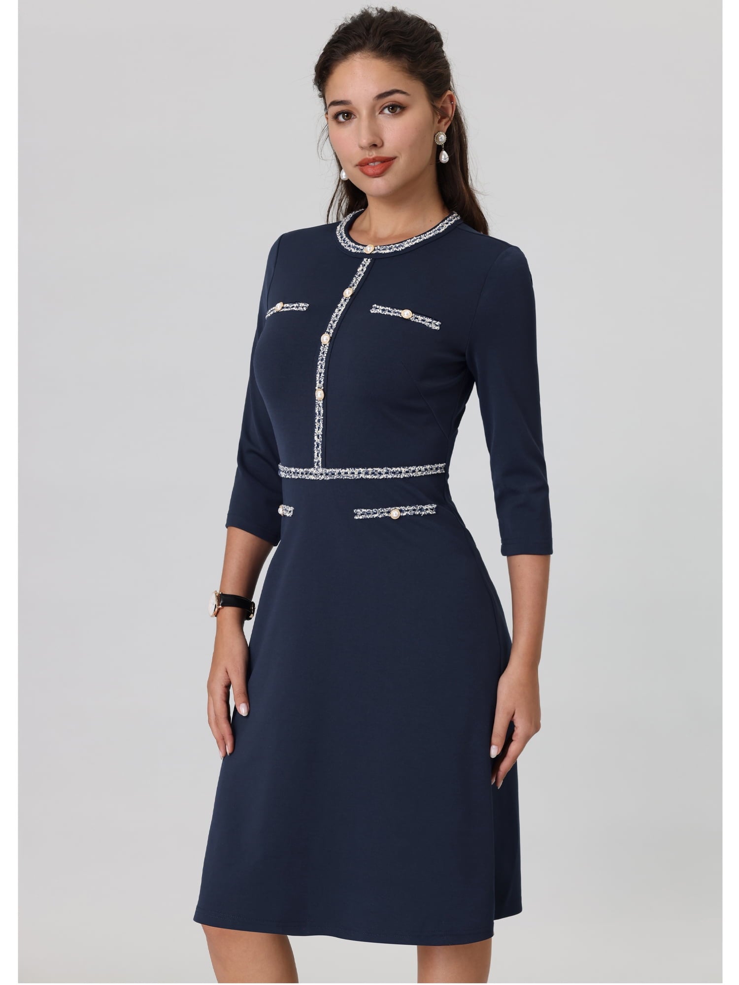 DARING DIVA A-Line Contrast Color Tweed Trim Dress XL Navy Blue