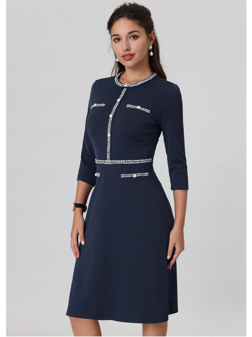 DARING DIVA A-Line Contrast Color Tweed Trim Dress XL Navy Blue