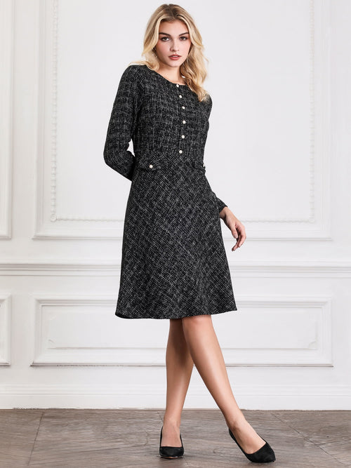DARING DIVA A-Line Tweed Vintage Work Flare Dress M Black