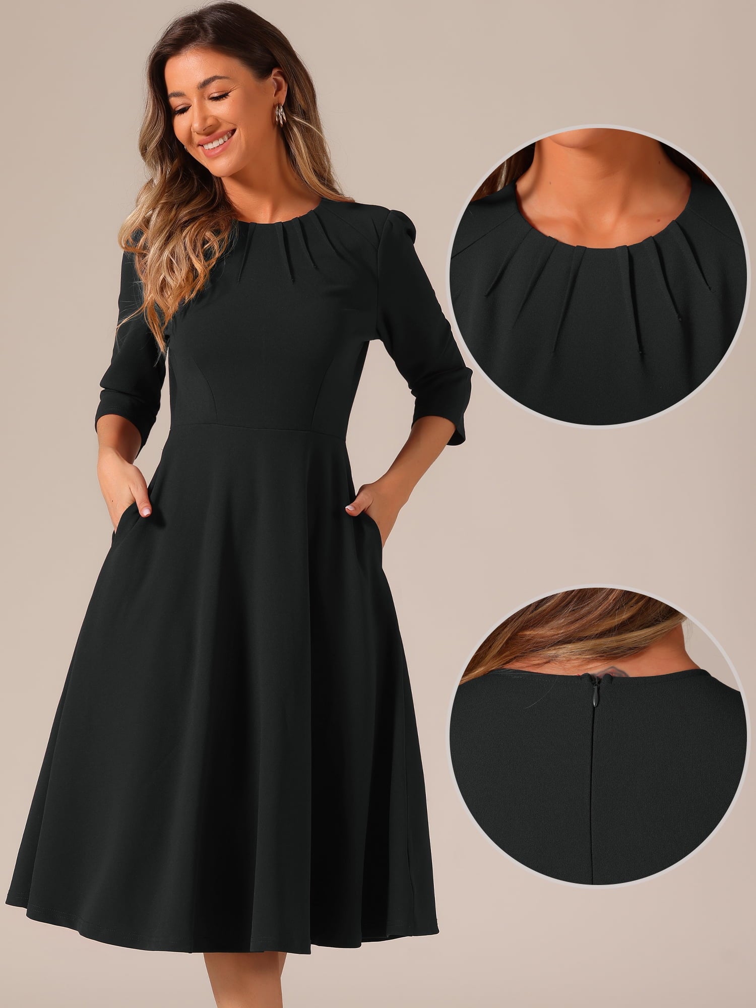 DARING DIVA 3/4 Sleeve A-Line Midi Work Dress S Black